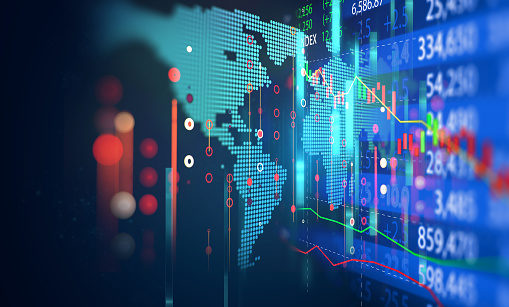 Painel de ações com mapa mundi