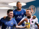 Montagem de Messi, Neymar e Mbappé comendo chocolate