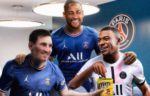 Montagem de Messi, Neymar e Mbappé comendo chocolate