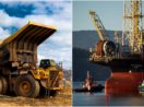 Montagem com caminhão de mineração à esquerda e plataforma de petróleo à direita, alusiva às ações de Petrobras e Vale