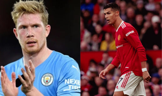 Kevin De Bruyne (à esquerda) e Cristiano Ronaldo (à esquerda), jogadores do Manchester City e do Manchester United