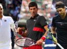 Novak Djokovic, Rafael Nadal e Roger Federer celebrando ponto durante jogos de tênis