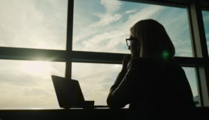 Silhueta de mulher sentada com laptop aberto olhando por janela com raio solar entrando, alusivo à espera dos balanços do setor financeiro