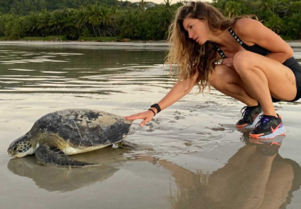 Gisele Bündchen olhando e colocando a mão de longe em tartaruga indo para o mar