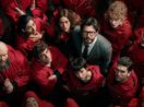 Foto de cima dos protagonistas de La Casa de Papel trajados com macacões vermelhos