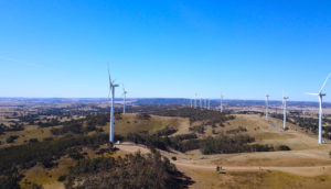 Aérea de parque eólico em meio ao campo, alusivo aos parques da AES Brasil