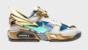 Tênis da Nike em NFT com detalhes dourados e verde claro, com asas no estilo de Aquiles