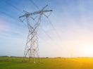 Torre de transmissão de energia em meio a um campo verde e ensolarado, alusivo às atividades da Neoenergia (NEOE3)