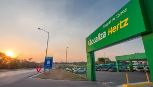 Entrada de pátio da Localiza (RENT3), com frota de carros parada dentro ao lado de rodovia com pôr do sol