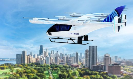 Conceito de eVTOL, o carro voador da Eve, da Embraer, que teve unidades compradas pela United Airlines