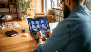 homem de costas olha gráficos na tela do computador, alusivo ao trabalho de um escritório de investimentos