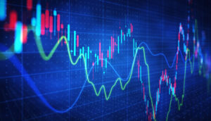 Gráfico financeiro com indicadores técnicos e linhas de tendência, representando oscilações do mercado de ações em ambiente digital